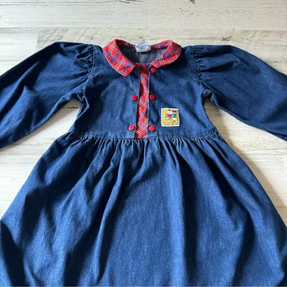 Vintage OshKosh B'gosh Girls Denim Long Sleeve Academia A-line Mini Dress Navy‎